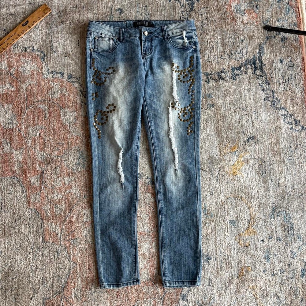 Rue 21 Premiere Womens Y2K Low Rise Flare Distressed Studded Blue Jeans Size 7